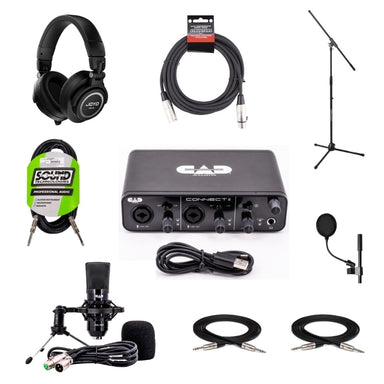 Home recording studio essentials bundle with CAD CX2 audio interface, GXL1800 condenser microphone, JOYO monitor headphones, and accessories by MusicStox.