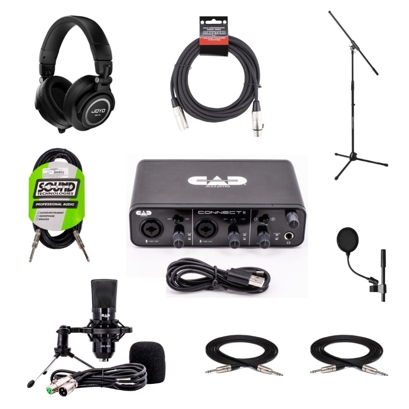 Home recording studio essentials bundle with CAD CX2 audio interface, GXL1800 condenser microphone, JOYO monitor headphones, and accessories by MusicStox.