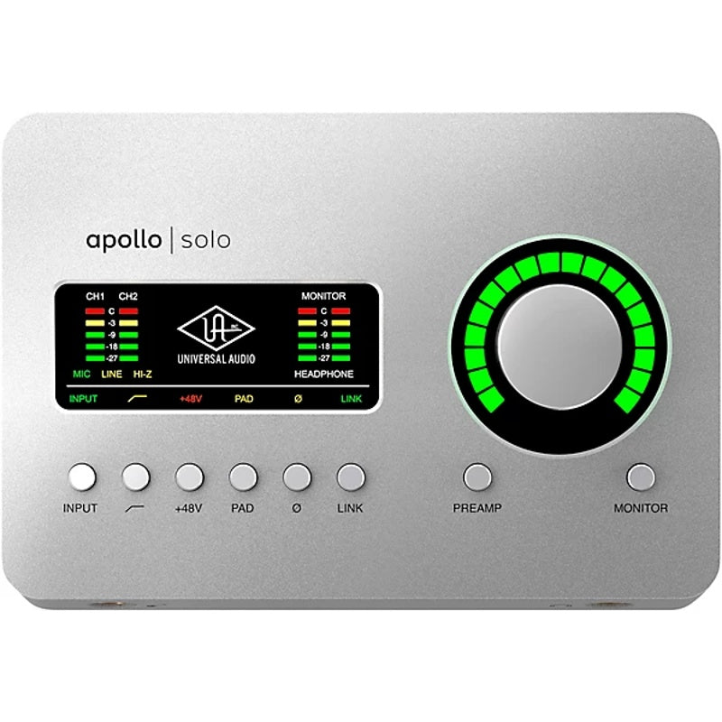 Front view of Universal Audio Apollo Solo audio interface thunderbolt3